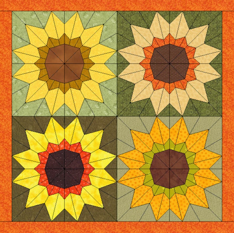 Sunflower Foundation Paper Pieced Block Pattern, PDF Sunflower Quilt Block Pattern, Autumn Quilt Block, 10 Inch Block image 8