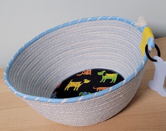 Medium Coiled Rope Bowl, Dog Lovers Rope Basket,  Blue Rope Basket with Blue Acrylic Dog Bone Charm,  8.25"x3.25"