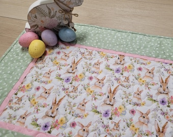 Easter Quilted Table Runner: Handmade Spring Floral Rabbit Table Topper (28"x18")