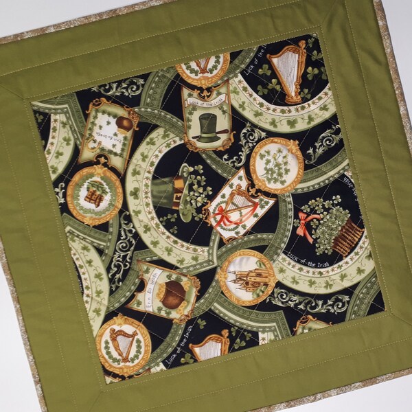 St. Patrick's Day Table Topper, Square Quilted Table Runner, Luck of the Irish Table Topper, Green and Gold Table Mat, 18.75"x18.75"