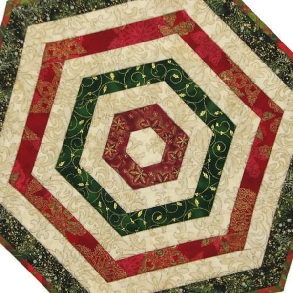 Hexagon Christmas Table Topper, Reversible Quilted Holiday Table Runner, Handmade Red Green and Gold Candle Mat, 15.75"x18.5"