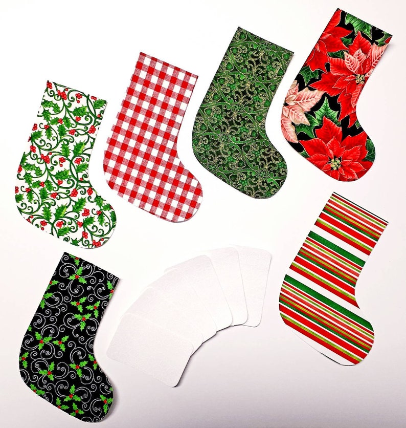 Set of 6 Iron-On Applique Quilting Cotton Christmas Stockings Red Green White Christmas Cut-Outs Cut-Out Fabric Stockings for Quilt Blocks