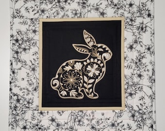 Embroidered Rabbit Quilted Wall Hanging: Shabby Cottage Chic Floral Art Quilt (16.5"x15.75")