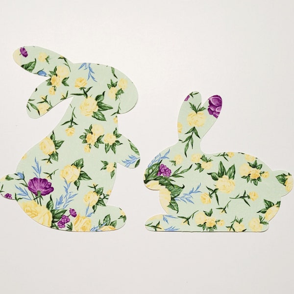 Set of 2 Large Iron-On Applique Quilting Cotton Bunnies, Shabby Cottage Chic Quilt Blocks, Spring Easter Floral Cut-Outs, 4 Colors Available