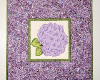 Appliqued and Embroidered Quilted Table Topper, Floral Spring Table Topper, Purple Hydrangea Table Mat, 16.75"x16.75"