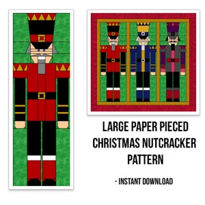 Può includere: Un modello digitale per un grande spaccanocci di Natale in carta a pezzi. Il modello presenta tre spaccanocci in una cornice rossa con sfondo verde. Il testo "LARGE PAPER PIECED CHRISTMAS NUTCRACKER PATTERN - INSTANT DOWNLOAD" è sotto l'immagine.