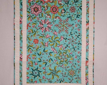 Spring Floral Quilted Wall Hanging, Kaleidoscope Art Quilt, Modern One Block Wonder Wall Quilt, Turquoise and Pink, 29.75"x41"