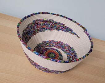 Large Coiled Rope Bowl, Artist Wave Rope Basket, Modern Rainbow Paisley Decorative Rope Basket,  Spring Summer Decor, 9.5"x4.5"