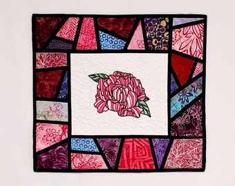 Embroidered Peony Wall Hanging, Modern Quilted Stained Glass, Floral Art Quilt, Pink Black White, 17.75"x16.25"