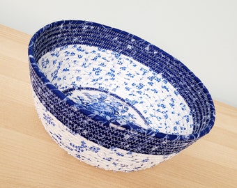 Large Coiled Rope Bowl, Delft Blue Floral Fabric Wrapped Rope Basket, Spring Summer Decor, 9"x3.75"