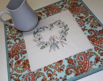 Embroidered Wreath Candle Mat, Shabby Cottage Chic Love Birds Quilted Table Topper, Aqua Pink Green Spring Floral Mug Mat, 12.5"x12.5"