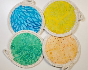 Set of 4 Coiled Rope Summer Drink Coasters, Natural Cotton Rope and Fabric Barware, 4.5" Diameter