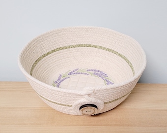 Medium Coiled Rope Bowl, Lavender Wreath Rope Basket,  Embroidered Rope Basket, Spring Summer Decor, 8.25"x3"
