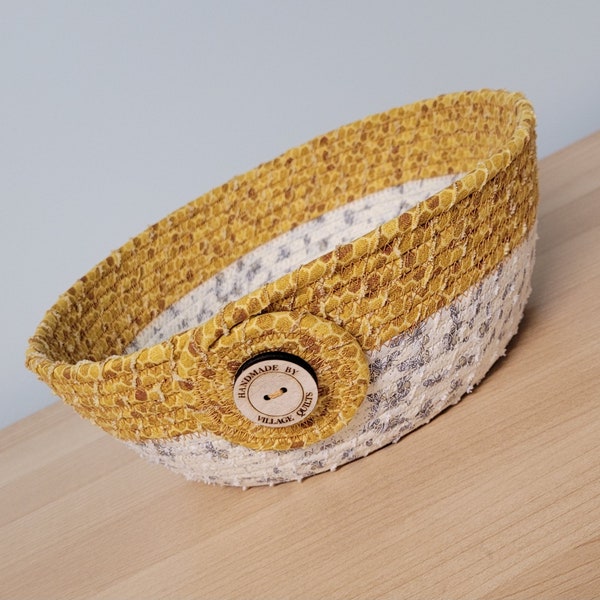 Large Coiled Rope Bowl, Bumblebees and Honeycomb Fabric Wrapped Rope Basket, Spring Summer Decor, 8.75"x3.5"