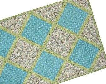 Spring Floral Quilted Table Runner, Shabby Cottage Chic Table Topper, Easter Pastel Blue Green White, 32"x16"