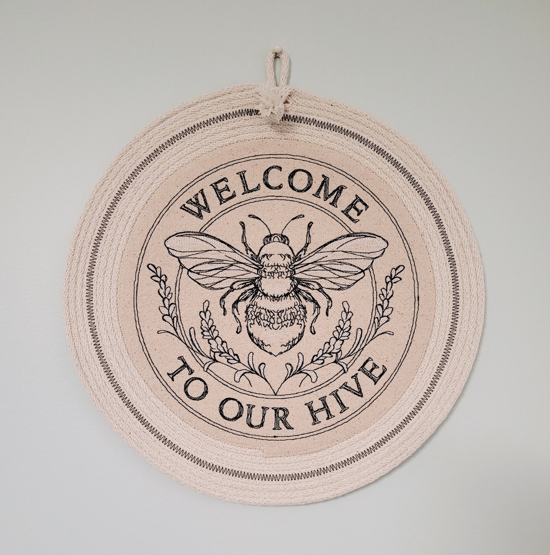 Embroidered Coiled Rope Wall Hanging, Primitive Bumble Bee Wall Art