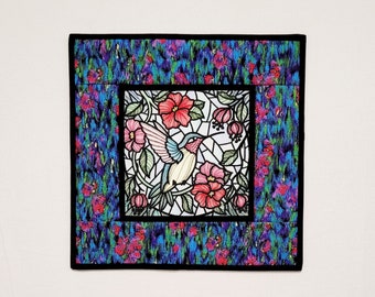 Embroidered Hummingbird Wall Hanging, Floral Stained Glass Art Quilt, 13.25"x13.25"