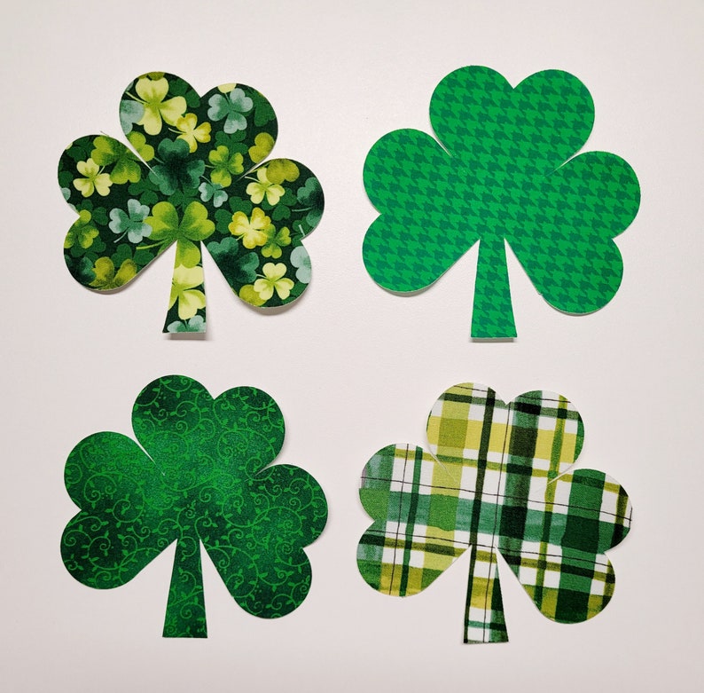 Iron-On Applique Quilting Cotton Shamrocks, Set of 4 Large Fabric Shamrocks for Quilt Blocks, Green St. Patrick's Day Shamrocks 4.5x4.25 image 1