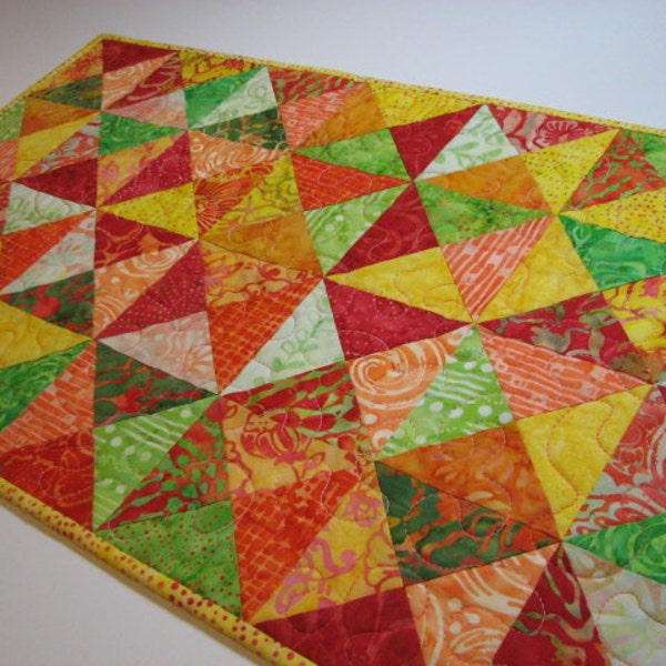 Quilted Table Runner, Scrappy Batik Table Topper, Modern Handmade Summer Table Runner, Orange Yellow Green Table Runner, 36"x14.75"