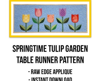 Springtime Tulip Garden PDF Table Runner y Place Mat Pattern, Village Quilts Patrón original, Aplique de borde crudo, Adecuado para principiantes