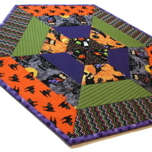 Halloween Quilted Table Topper, Hexagon Candle Mat, Autumn Scrappy Table Mat, Orange Grey Green Purple, Quiltsy Handmade
