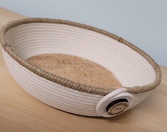 Medium Coiled Rope Bowl, Natural Rope Basket With Cork and Jute Accents, Modern Minimalist Decor, 9"x2.25"