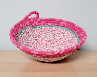 Small Shabby Cottage Chic Coiled Rope Bowl, Scrappy Pink White Floral Basket, 6.75"x2.25"