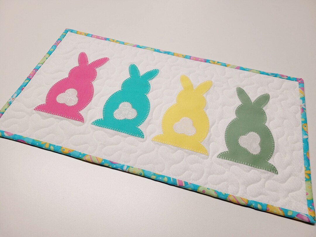 Quilted Easter Table Runner, Appliqued Easter Bunnies Table Mat, Pastel