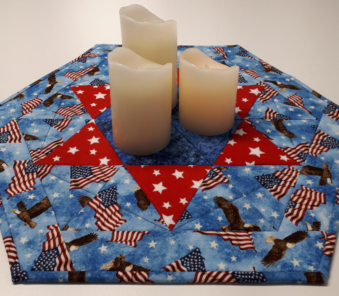 Patriotic Star Quilted Table Topper, Red White Blue Americana Table Mat ...