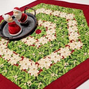 Quilted Christmas Table Topper, Poinsettia and Holly Table Mat, Green Gold Burgundy Hexagon Table Runner, 25.5"x22"