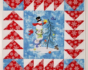 Embroidered Christmas Wall Hanging, Stacked Snowmen with Christmas Tree and Birds, Red White Blue Winter Wall Quilt, 18.5"x16.25"