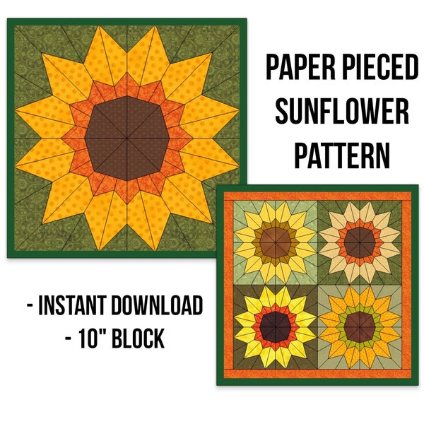 Sunflower Foundation Paper Pieced Block Pattern, PDF Sunflower Quilt Block Pattern, Autumn Quilt Block, 10 Inch Block