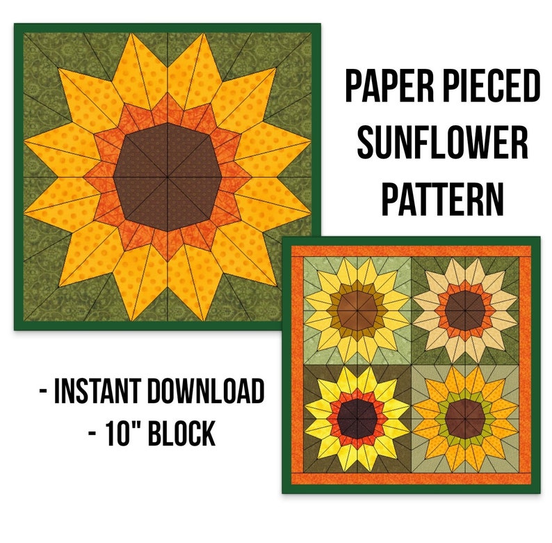 Sunflower Foundation Paper Pieced Block Pattern, PDF Sunflower Quilt Block Pattern, Autumn Quilt Block, 10 Inch Block image 1