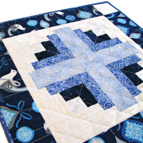 Christmas Table Topper, Blue White Silver Quilted Log Cabin Table Runner, Handmade Reversible Holiday Candle Mat, 18.25"x18.25"