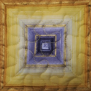 May include: A square quilted wall hanging with a concentric pattern of squares in shades of purple, yellow, and gold. The center of the piece is a small square with a subtle pattern.