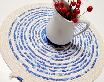 Coiled Rope Round Table Mat, Natural Cotton Rope and Blue Floral Fabric Table Topper, 14 Inches Diameter