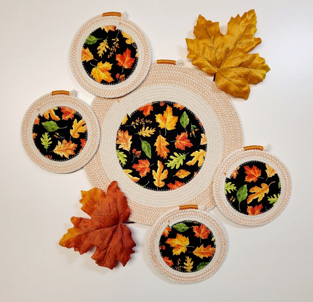 Autumn Leaf Coiled Rope Trivet and Drink Coasters, Thanksgiving Table ...