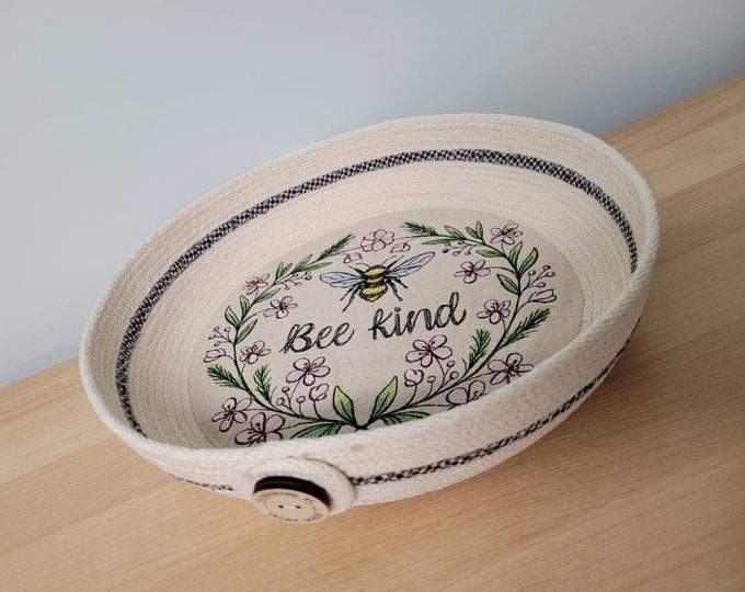 Large Coiled Rope Bowl, Bumble Bee and Floral Wreath Rope Basket