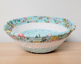 Medium Shabby Cottage Chic Coiled Rope Bowl, Scrappy Pastel Aqua White Floral Basket, 8"x3"