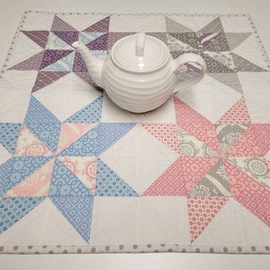 Quilted Shabby Cottage Chic Table Topper, Pastel Star Wall Hanging, Baby Girl Nursery Decor, 22.25"x22.25"