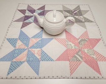 Quilted Shabby Cottage Chic Table Topper, Pastel Star Wall Hanging, Baby Girl Nursery Decor, 22.25"x22.25"