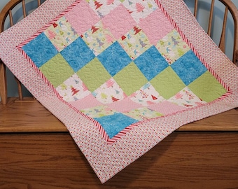 Baby's First Christmas Quilt, Pastel Patchwork Baby Blanket, Green Pink Blue Baby Quilt, Pastel Christmas Throw, 41"x36"