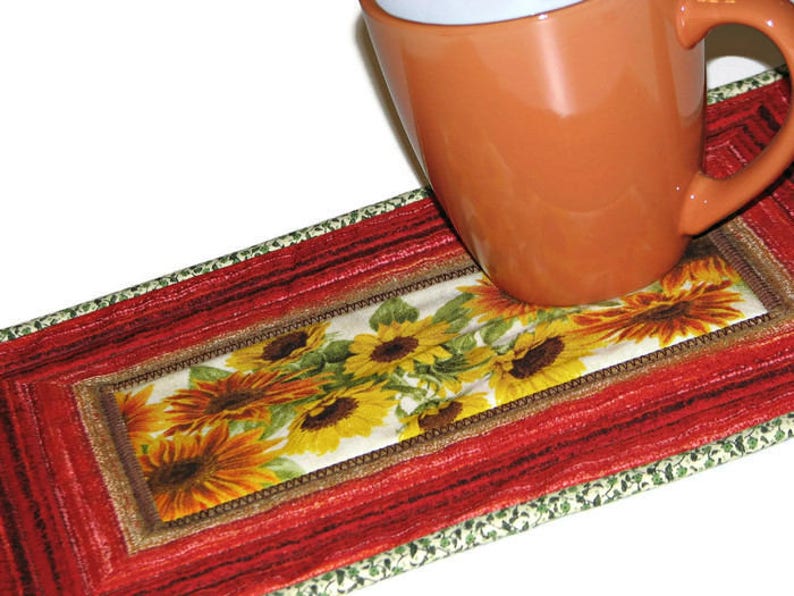 Fabric Coaster Rust Yellow Green Candle Mat Handmade Sunflower Quilted Mug Mat Snack Mat Autumn Quilted Mug Rug 12.5x8.75 Plant Mat