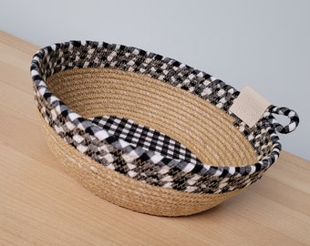 Rustic Coiled Rope Bowl, Black White Tan Farmhouse Rope Basket, 8.5"x3.25"