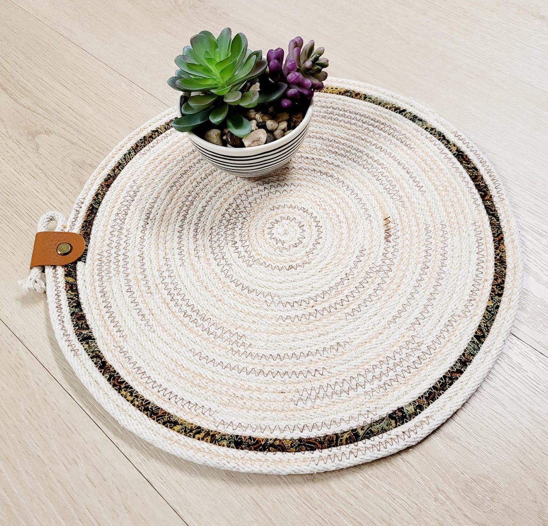 Coiled Rope Autumn Table Mat, Natural Cotton Rope and Fabric Trivet, 12 ...