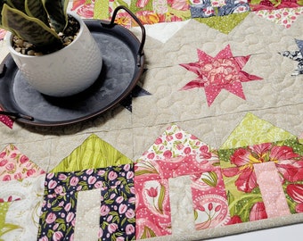 Spring Summer Floral Quilted Table Runner, Village Houses and Wonky Stars, Pink Green Grey Beige, 35.5"x17"