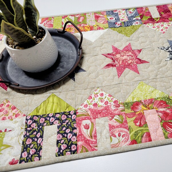 Spring Summer Floral Quilted Table Runner, Village Houses and Wonky Stars, Pink Green Grey Beige, 35.5"x17"