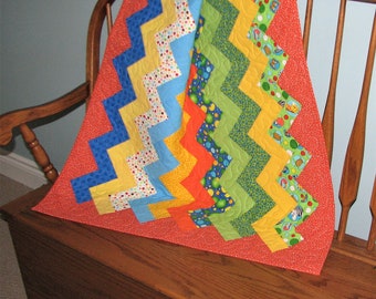 Modern Baby Quilt, Handmade Polka Dot Chevron Crib Quilt, Toddler Quilt, Orange Green Yellow Blue Baby Blanket, 43" x 30"