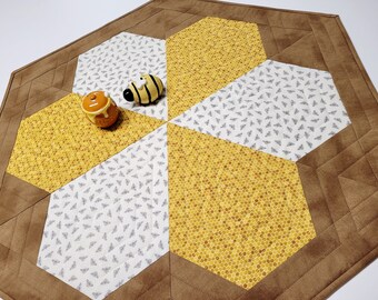 Spring Summer Quilted Table Topper, Hexagon Table Runner, Bumblebees and Honeycomb, Yellow Brown Off White, 33"x28.5"