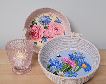 Small Coiled Rope Bowl with Appliqued Floral Fabric, Valentine Trinket Rope Basket, Pink or Blue, 5.75"x1.75"